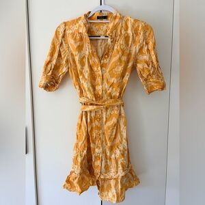 Linen Gold Patterned Button-Front Dress with Belt